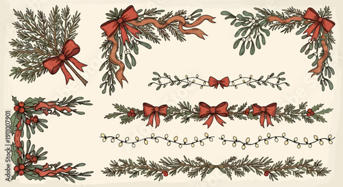 Christmas wreaths and garlands with ribbons and lights on cream background