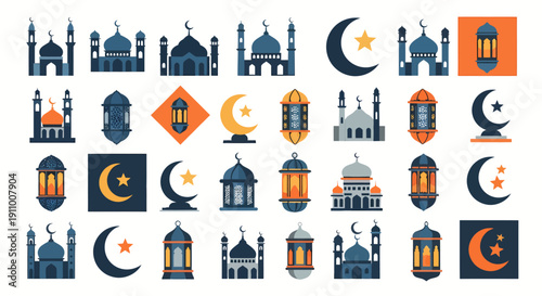 Collection of mosque and lantern icons with crescent moon and star symbols in flat design style