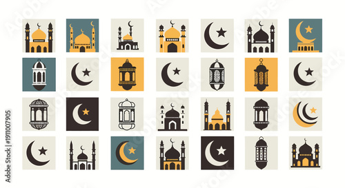 Collection of minimalist Islamic icons and symbols in various colors