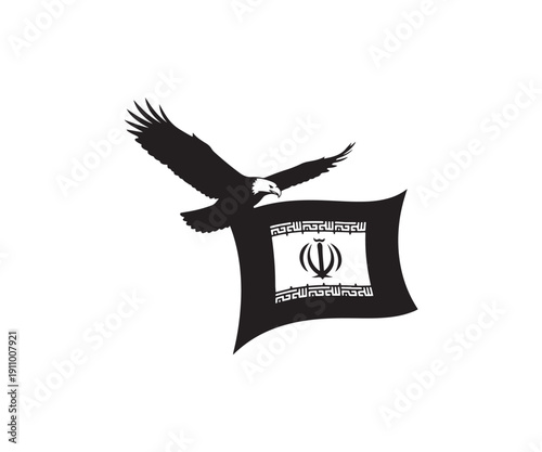 Eagle soaring over Iranian flag with bold emblem