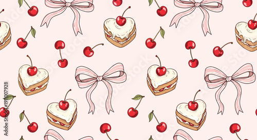 Heart-shaped cakes with white frosting and cherries on top with bows and cherries on a pink background