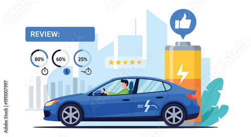 Illustration of a blue electric car with a driver, large battery icon, and review symbols. Includes performance charts, star ratings, and a like icon.