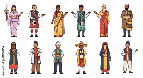 Diverse people in traditional clothing from around the world standing together