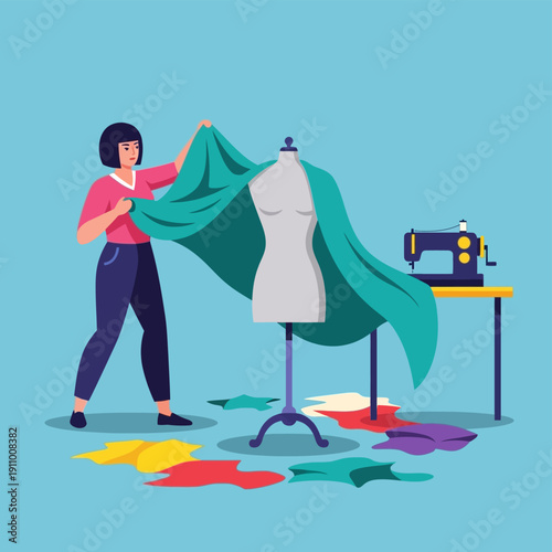 Seamstress Working on Green Fabric Dress Form.