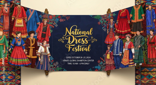 Vibrant national dress festival banner with traditional clothing and people