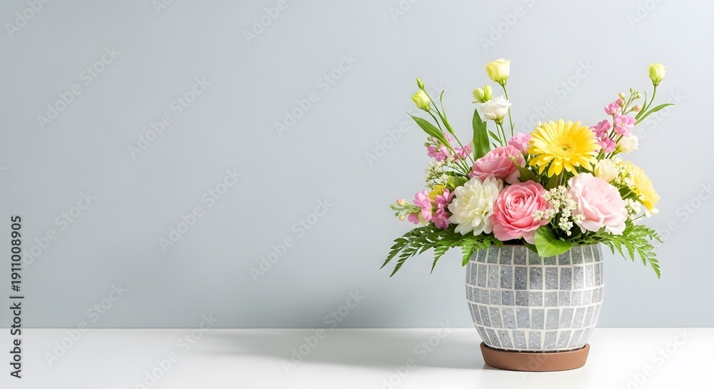 Fototapeta premium Easter sunday floral arrangement with pastel colored flowers in decorative vase on white table against light blue wall