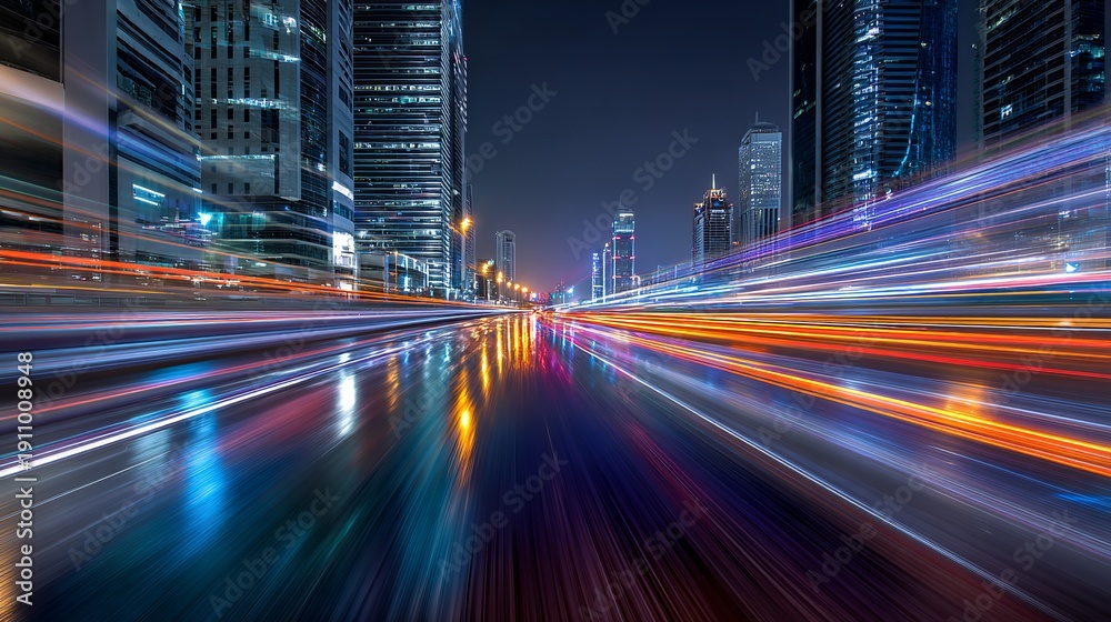 Fototapeta premium A bustling city street at night with colorful light trails and modern skyscrapers