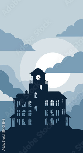 Haunted Victorian Mansion Silhouette Under Moonlight
