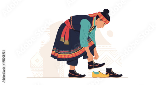 Indigenous Person Tying Shoes Traditional Attire Cultural Choice