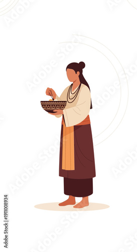Indigenous Woman Preparing Sacred Offering With Detailed Ritual Bowl