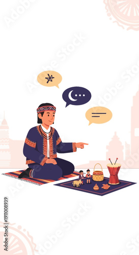 Indigenous Person Sharing Cultural Narratives Through Traditional Symbols