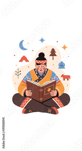 Indigenous Person Immersed In Ancient Book Under Starry Sky