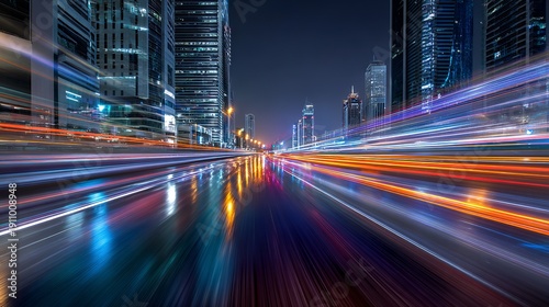 A bustling city street at night with colorful light trails and modern skyscrapers