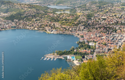 Panoramic view of the city of Lugano and Lake Lugano seen from Monte Brè in Canton Ticino, Switzerland