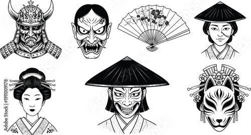 Japanese Culture Illustration Set, Samurai Warrior Helmet, Kabuki Mask, Geisha Character, Kitsune Fox Mask, Oriental Fan, Traditional Asian Folklore Graphic Elements,