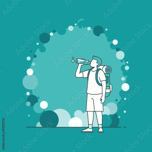 Hiker Refreshing with Water Bottle Amidst Abstract Bubbles, Outdoor Activity Concept