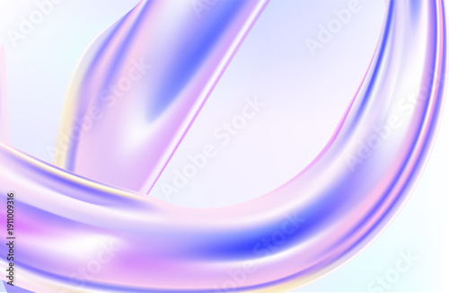 3D render of an abstract nature landscape featuring a transparent glossy glass ribbon floating on water. Holographic curved wave in dynamic motion with iridescent gradient reflections. Modern business