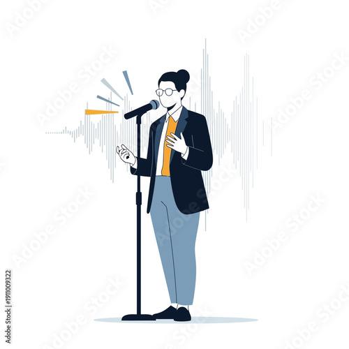 Inspiring Orator Delivering Public Speech At Podium With Sound Waves Background Illustration