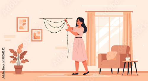 Home Decorator Arranging Ambient String Lights Indoors Cozy Living Room Ambiance