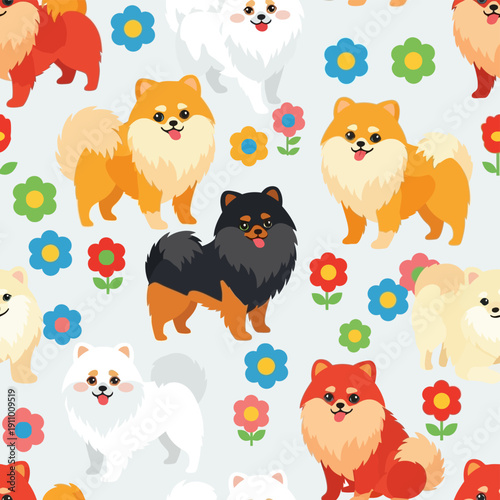 Colorful Pomeranian Dogs with Flowers.