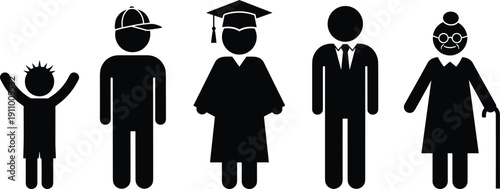 Life cycle human growth silhouette set featuring child, teenager, graduate, businessman, and elderly person for aging and development vector design