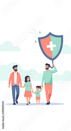 Illustrating Family Protection And Security Under A Shield Umbrella