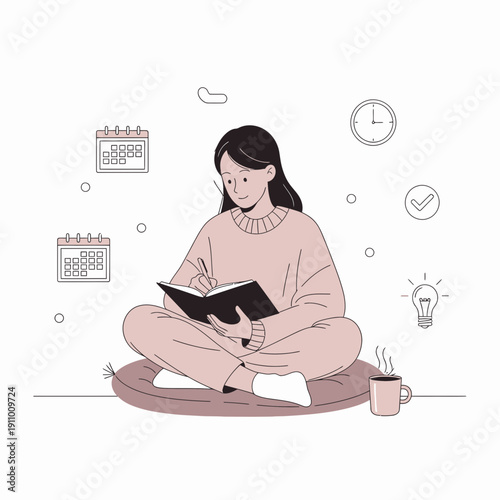 Illustration Of A Woman Planning And Organizing, Journaling And Setting Goals For Success
