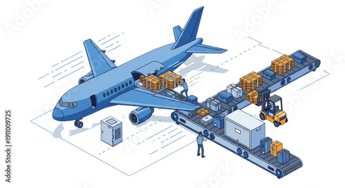 Modern air cargo logistics Isometric illustration of an airplane loading freight with automated conveyor systems