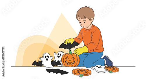 Joyful Boy Carving Pumpkin With Spooky Friends For Halloween Celebration