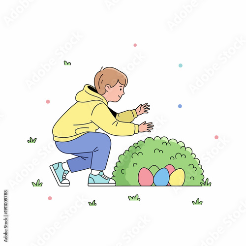 Joyful Boy Discovering Colorful Easter Eggs Hidden In Bush