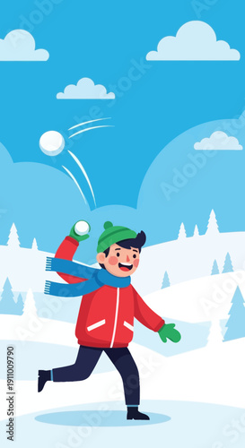 Joyful Boy Engaged in Exciting Snowball Fight Outdoor Winter Fun