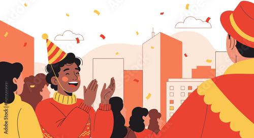Joyful Celebration Crowd Clapping Excitedly In Festive Cityscape