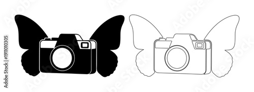 Creative concept of cameras with butterfly wings, one solid black and one outlined