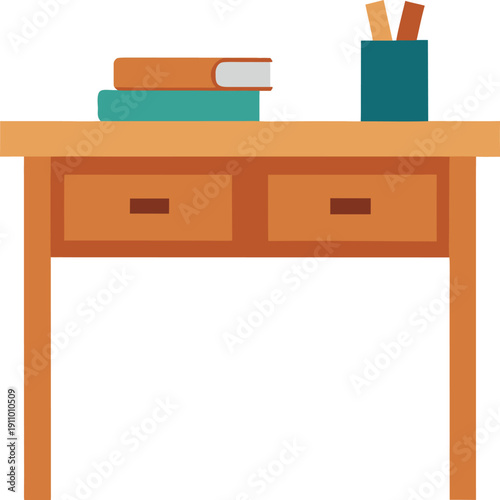 Minimalist study desk with books and pencil holder illustration