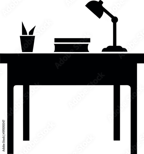 Silhouette study desk with plant lamp and books