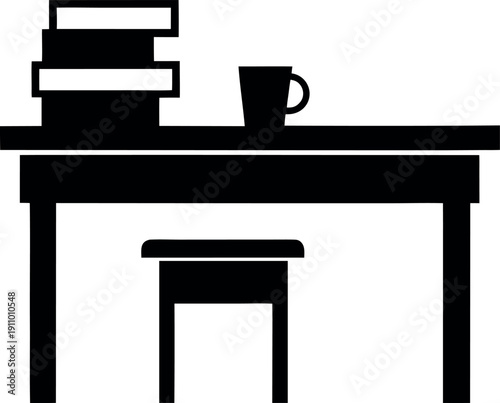 Silhouette study table with books cup and stool