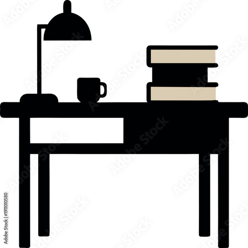 Silhouette study desk with lamp books and mug