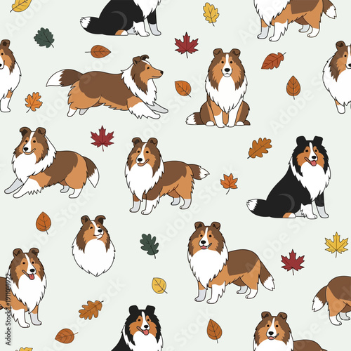 Collie Dogs Pattern with Leaves.