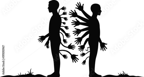 Surreal, vector, silhouette, illustration, of, two, men, standing, back, to, back, with, multiple, arms, for, psychology, mental, health, chaos, and, abstract, design, elements