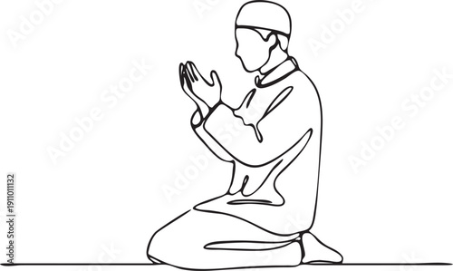 Continuous Line Drawing: Muslim Man Kneeling in Prayer 
