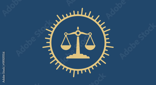 Justice System Depiction: Scales of Balance Integrated with Unique Sunburst Design