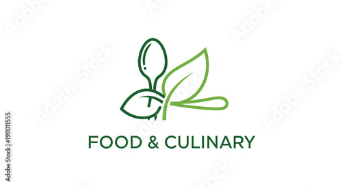 Minimalist Culinary Emblem Featuring Spoon, Leaves, and the Essence of Nourishment
