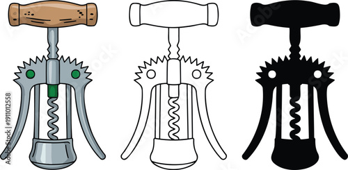 Corkscrew silhouette & Outline and illustration set isolated on transparent background