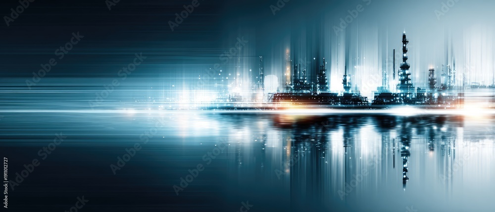 Fototapeta premium Futuristic Industrial Skyline Reflecting on Water with Abstract Light Streaks