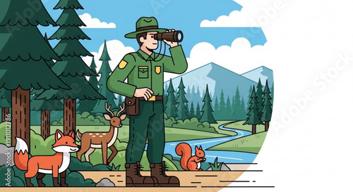 Park ranger observes wildlife in forest ecosystem with animals