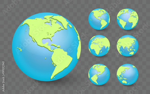 3D Earth Globe Set with Multiple World Views – Blue and Green Planet World Map Showing America, Europe, Africa, Asia and Australia, Isolated on Transparent Background Vector Illustration