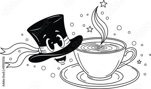 Vintage cartoon top hat character mascot with a steaming cup of coffee, retro rubber hose animation style illustration on white background.
