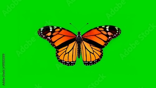 Vibrant monarch butterfly on green screen with open wings