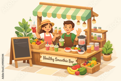 Young caucasian male and female running a vibrant smoothie bar with fresh fruits