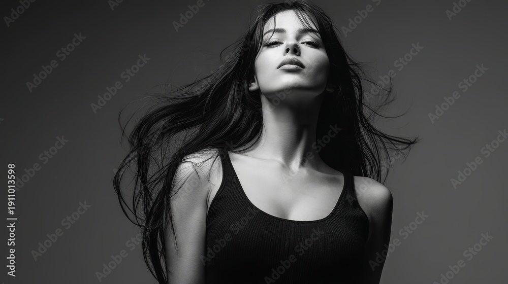 Naklejka premium A beautiful woman with long hair and a black tank top posing dramatically in a studio